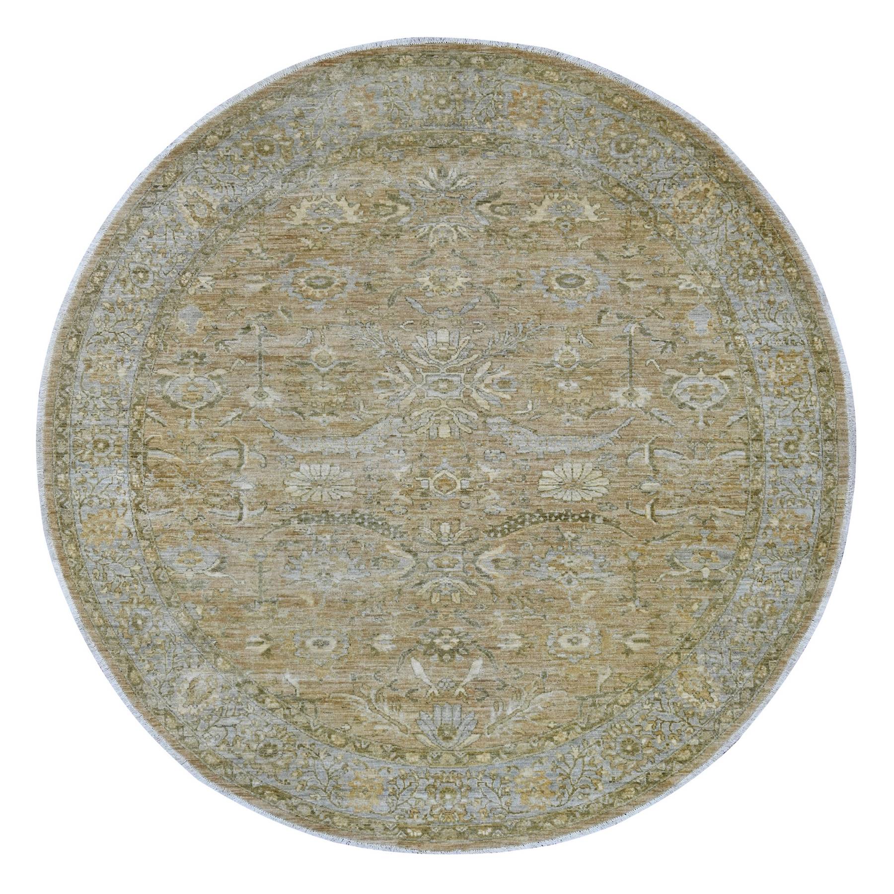 8'3"x8'3" Beaver Brown, Peshawar with Heriz All Over Design, High Mountain Wool, Densely Woven, Hand Knotted, Round, Oriental Rug 
